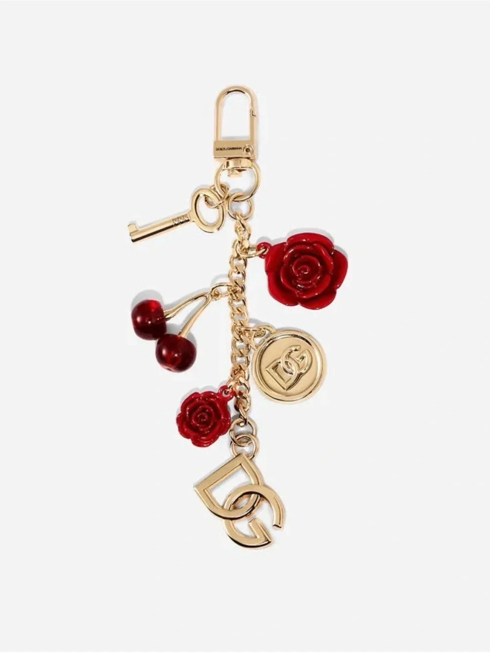 Dolce & Gabbana Gold-Tone Keychain with Red Rose & Cherry Charms
